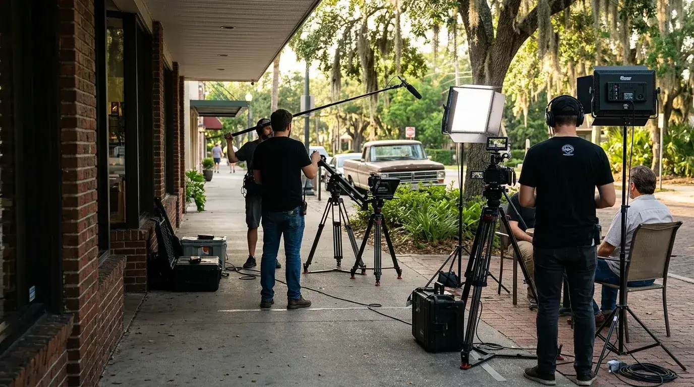 A small Next Day Videos crew filming on a Jacksonville main street - camera on sticks, boom mic, LED panels and a seated interview subject outside a brick storefront